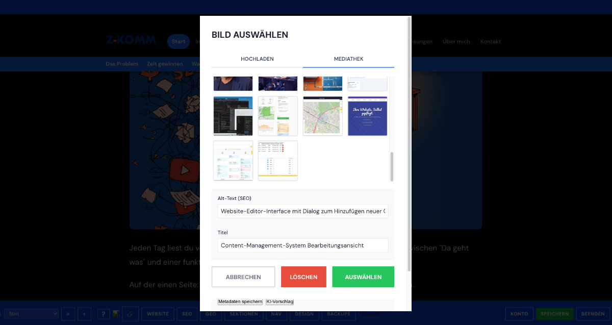 Website-Editor-Interface mit Dialog zum Hochladen und Auswählen von Bildern für Content-Management-System